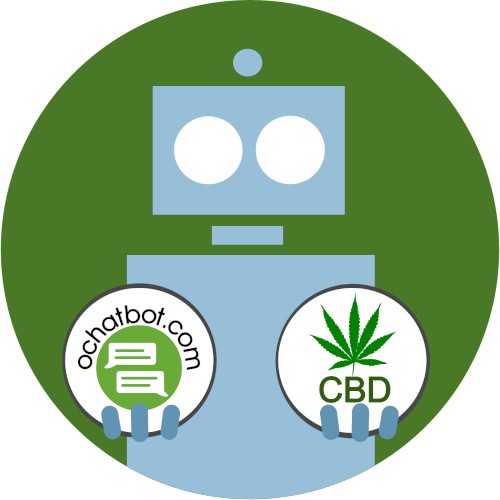 Ochatbot mascot, Hector the robot, holding two circles. The circle on the left holds the Ochatbot.com logo. The cirlce on the left says "CBD" and has a flower logo.