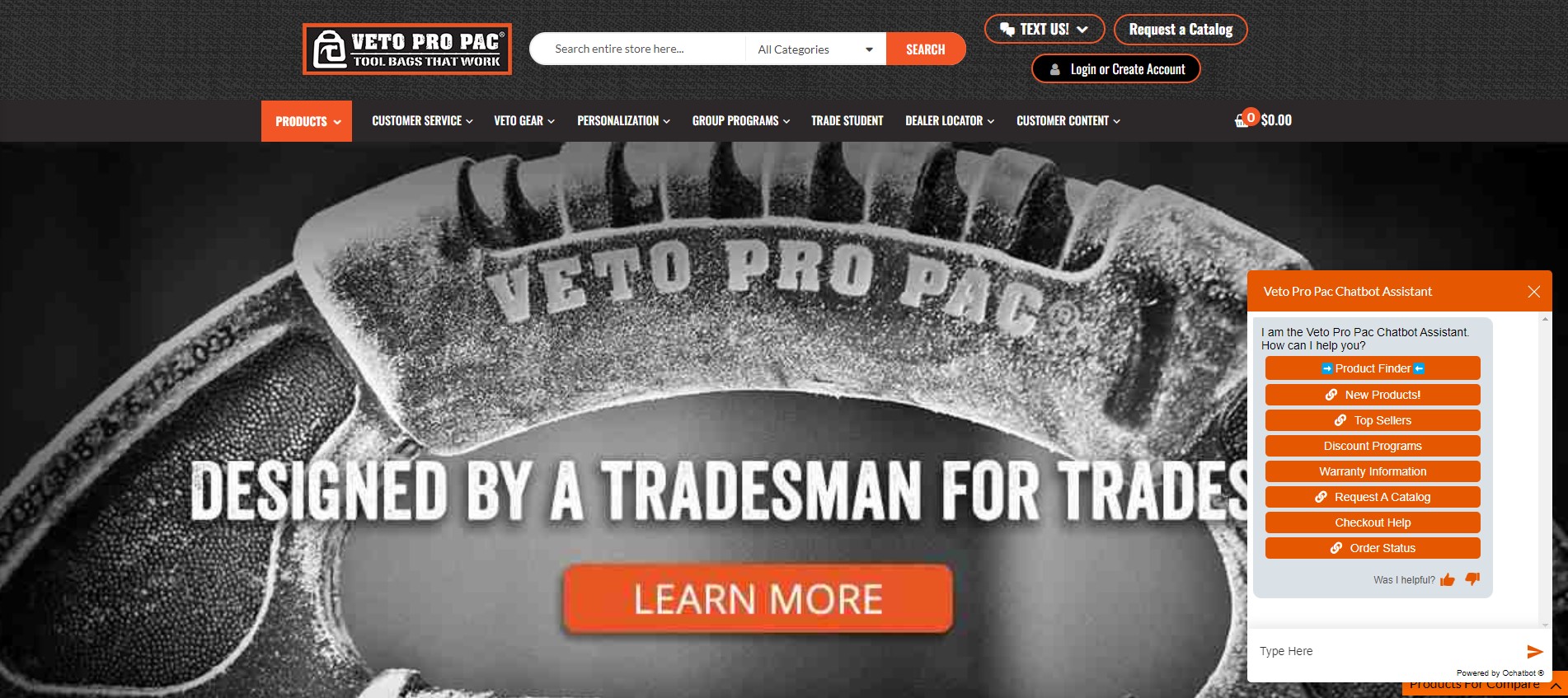 Screen shot of the Veto Pro Pac Homepage