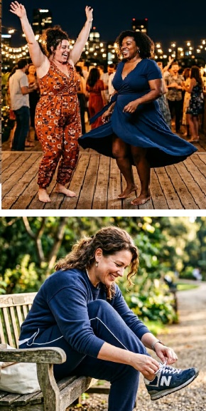 two images, the first image shows a slender woman wearing athletic clothing as she sits on a bench tying her shoes. The second image shows two plus size women joyfully dancing at a party